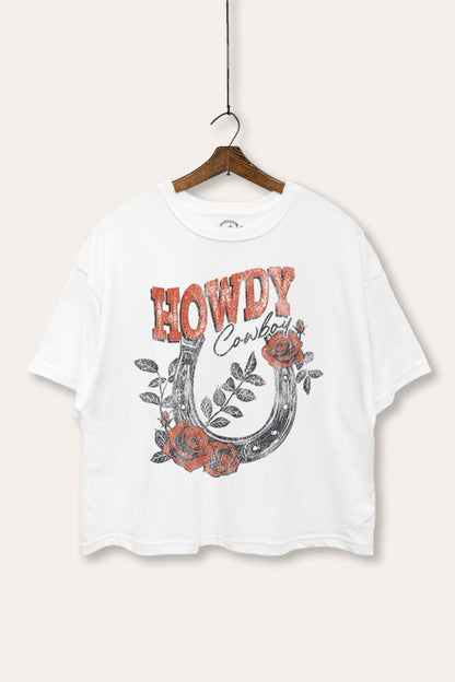 Howdy Cowboy Horseshoe Rose Graphic Boxy Crop Top