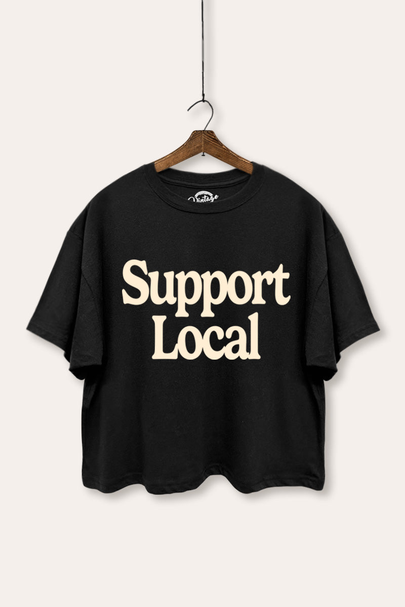 "support local" graphic boxy crop top