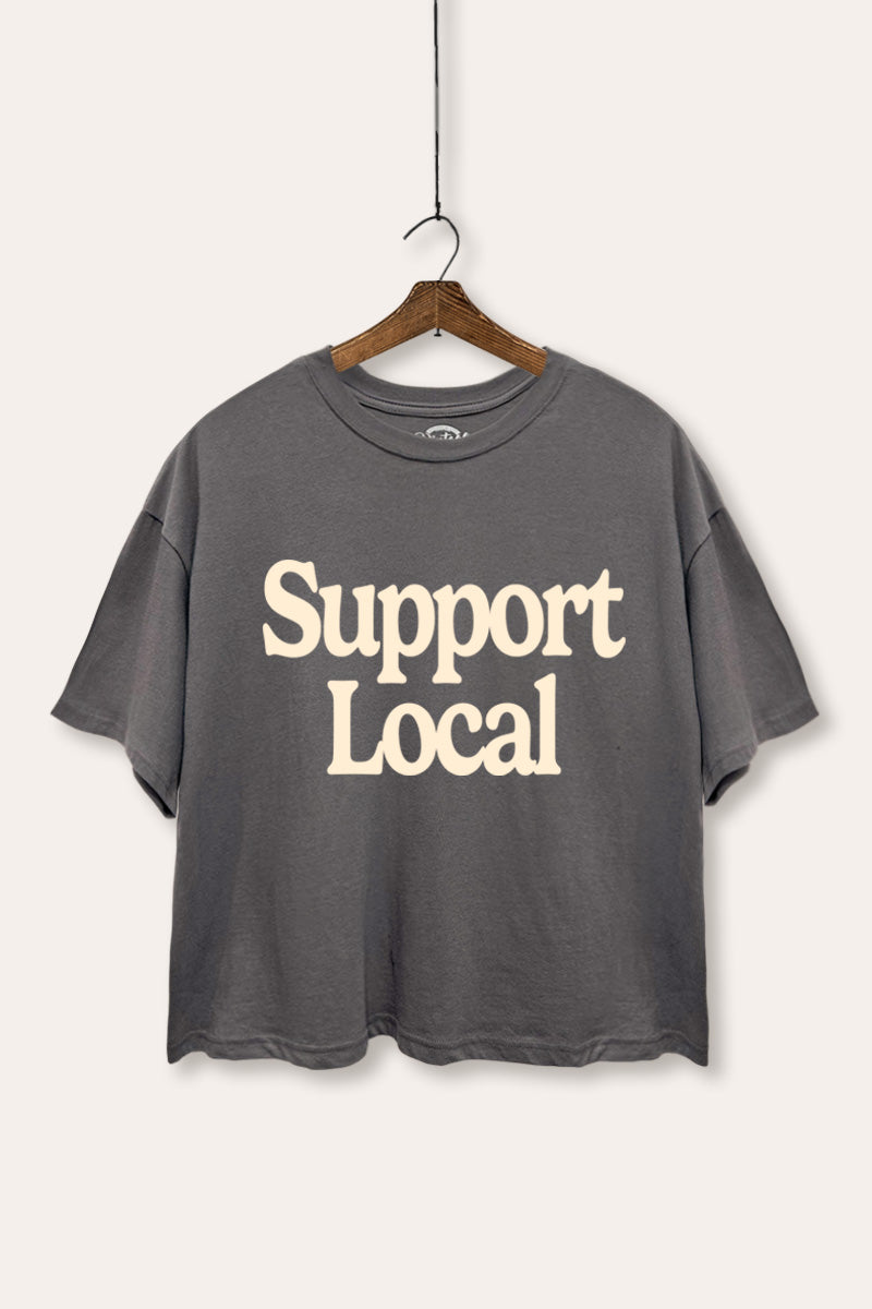 "support local" graphic boxy crop top