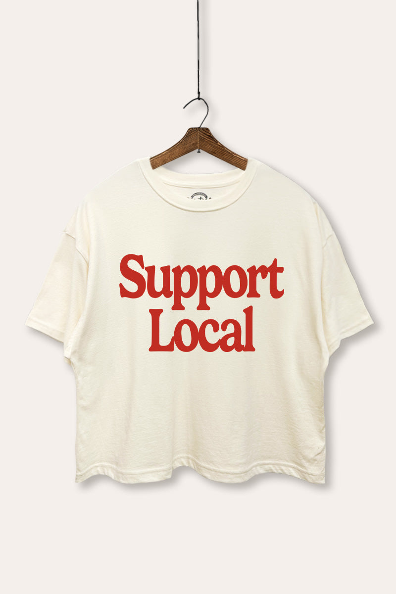 "support local" graphic boxy crop top