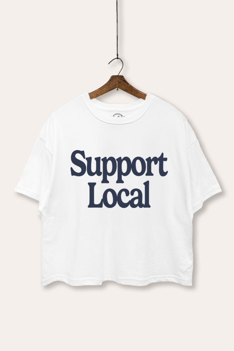 "support local" graphic boxy crop top