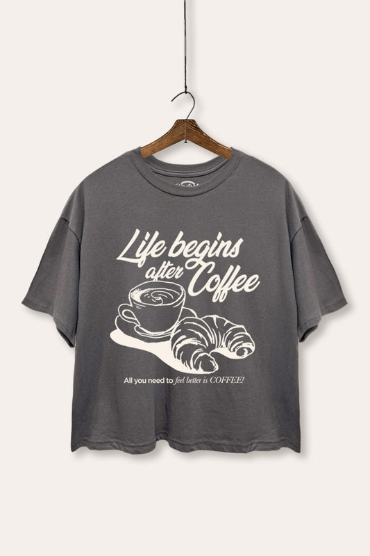 Life Begins After Coffee Graphic Boxy Crop Top