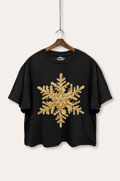 Golden Snowflake Holiday Graphic Boxy Crop Top