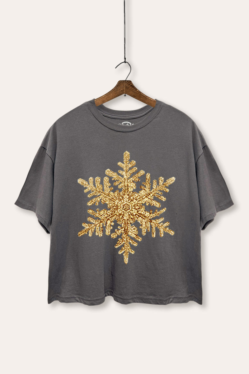 Golden Snowflake Holiday Graphic Boxy Crop Top