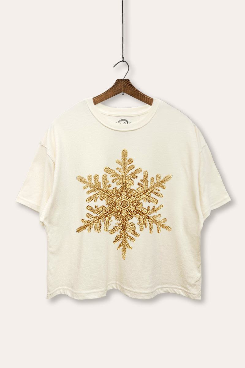 Golden Snowflake Holiday Graphic Boxy Crop Top