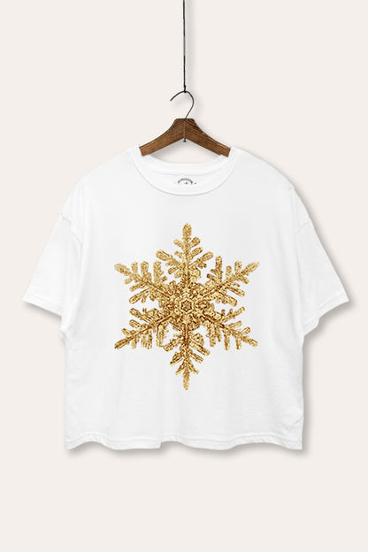 Golden Snowflake Holiday Graphic Boxy Crop Top