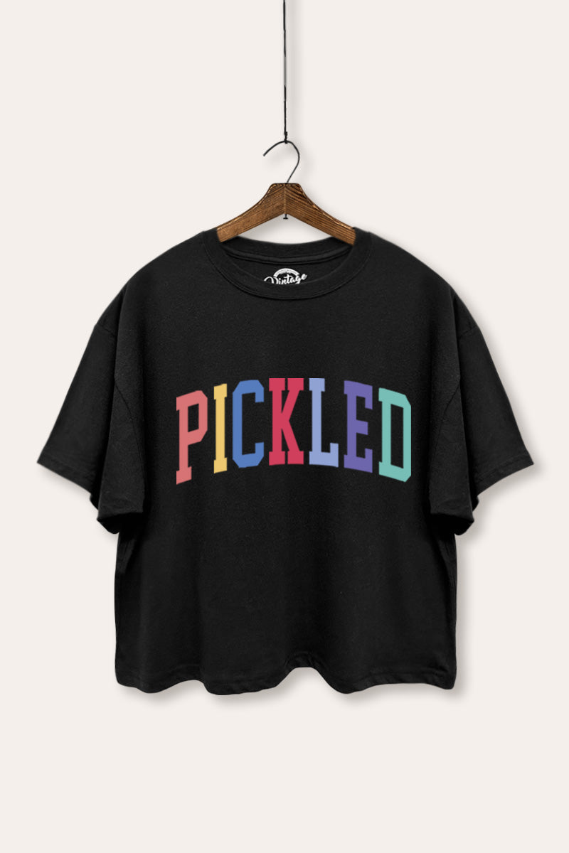 "pickled" rainbow text graphic boxy crop top