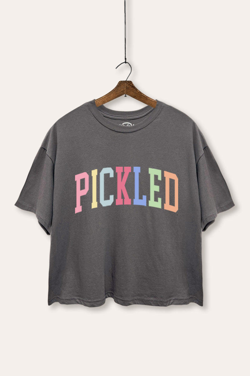"pickled" rainbow text graphic boxy crop top