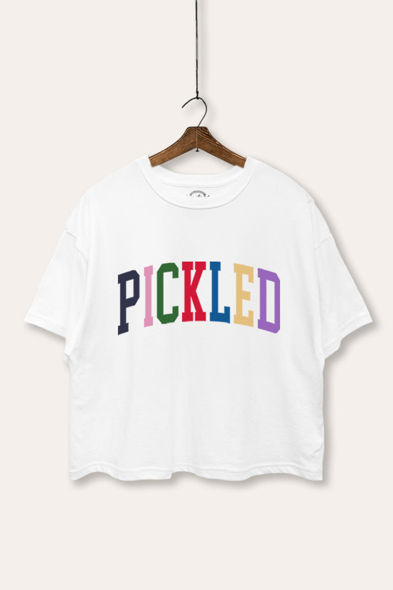"pickled" rainbow text graphic boxy crop top
