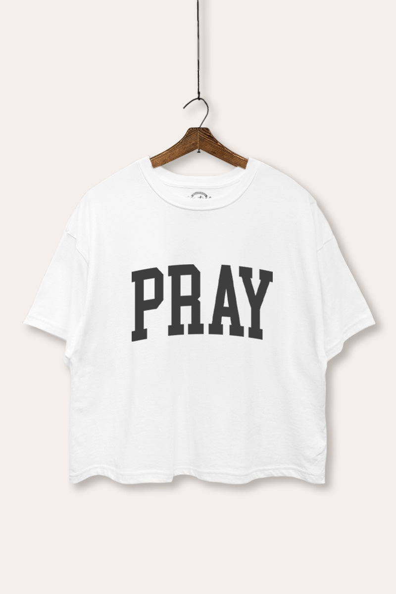 "pray" graphic boxy crop top