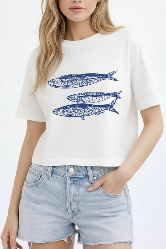 Ocean Inspired Sardines Graphic Boxy Crop Top