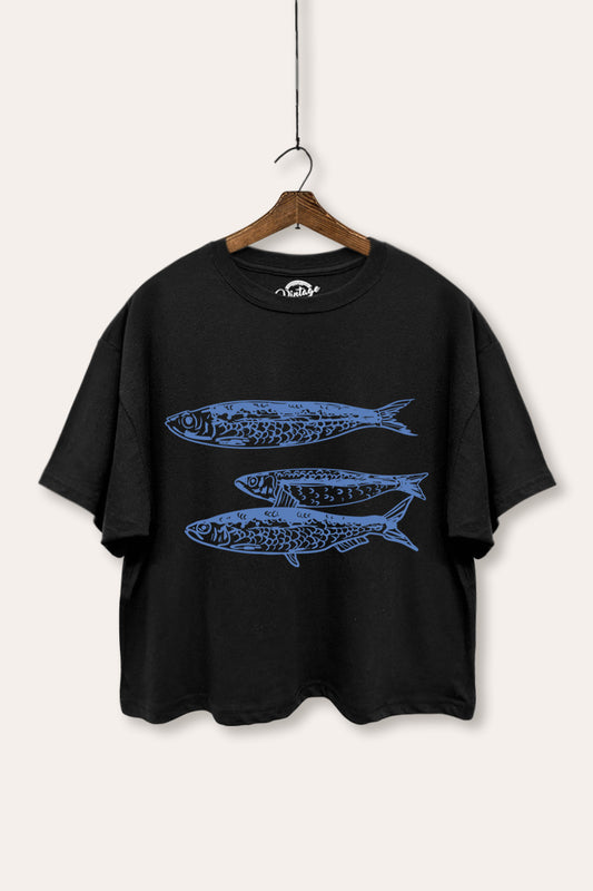Ocean Inspired Sardines Graphic Boxy Crop Top