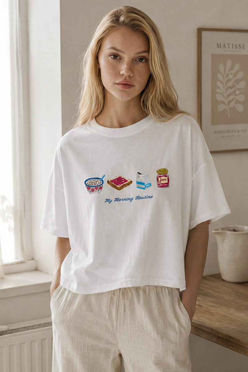 My Morning Routine Graphic Boxy Crop Top