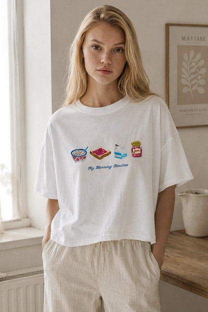 My Morning Routine Graphic Boxy Crop Top