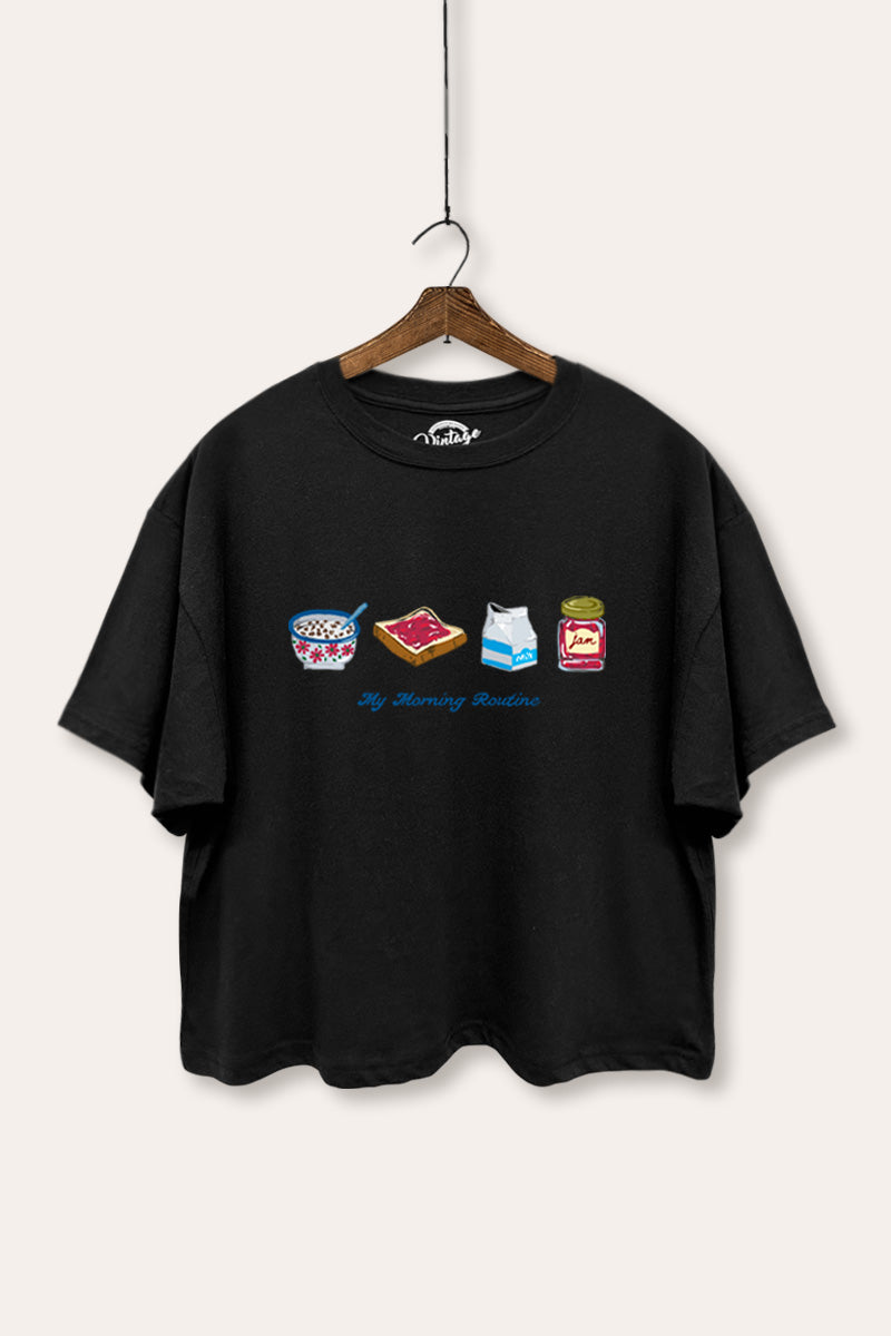 My Morning Routine Graphic Boxy Crop Top