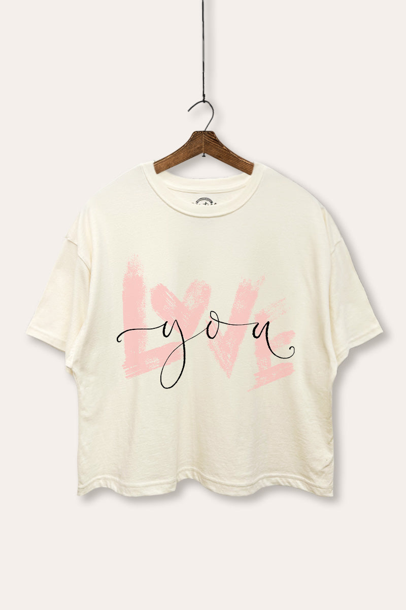 "love you" heart graphic boxy crop top