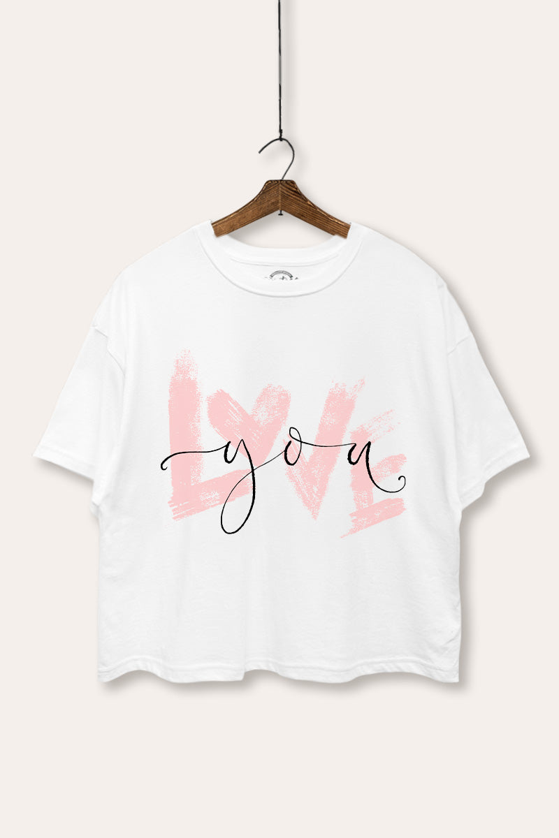 "love you" heart graphic boxy crop top