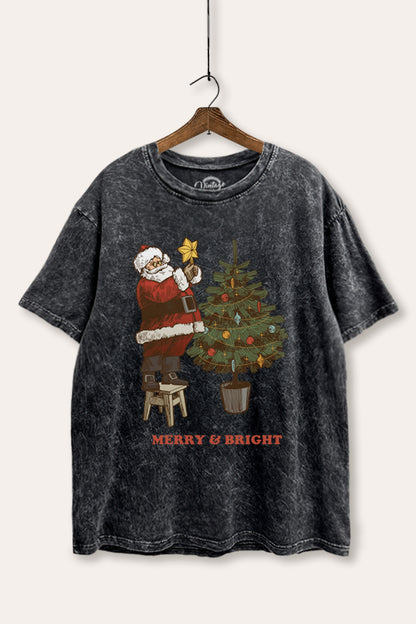 Santa & Christmas Tree Graphic Mineral Wash Boxy Tee