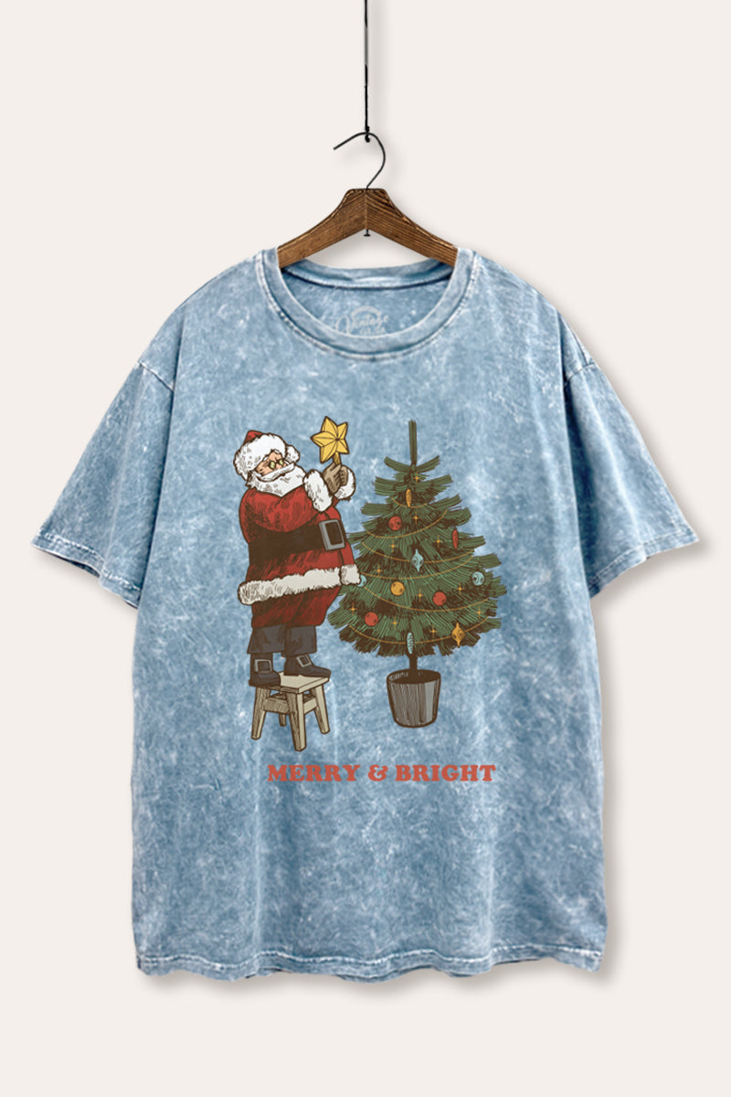 Santa & Christmas Tree Graphic Mineral Wash Boxy Tee