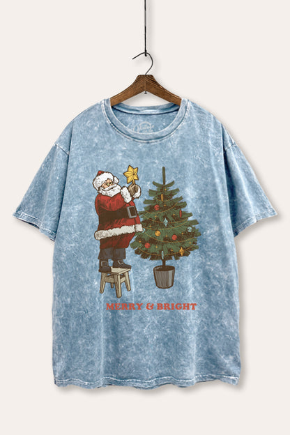 Santa & Christmas Tree Graphic Mineral Wash Boxy Tee
