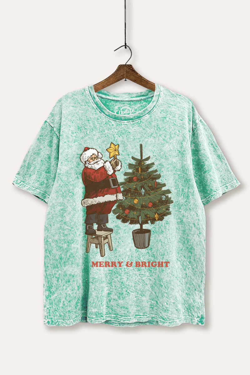 Santa & Christmas Tree Graphic Mineral Wash Boxy Tee