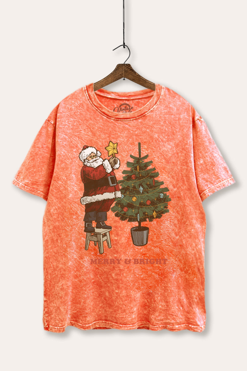 Santa & Christmas Tree Graphic Mineral Wash Boxy Tee