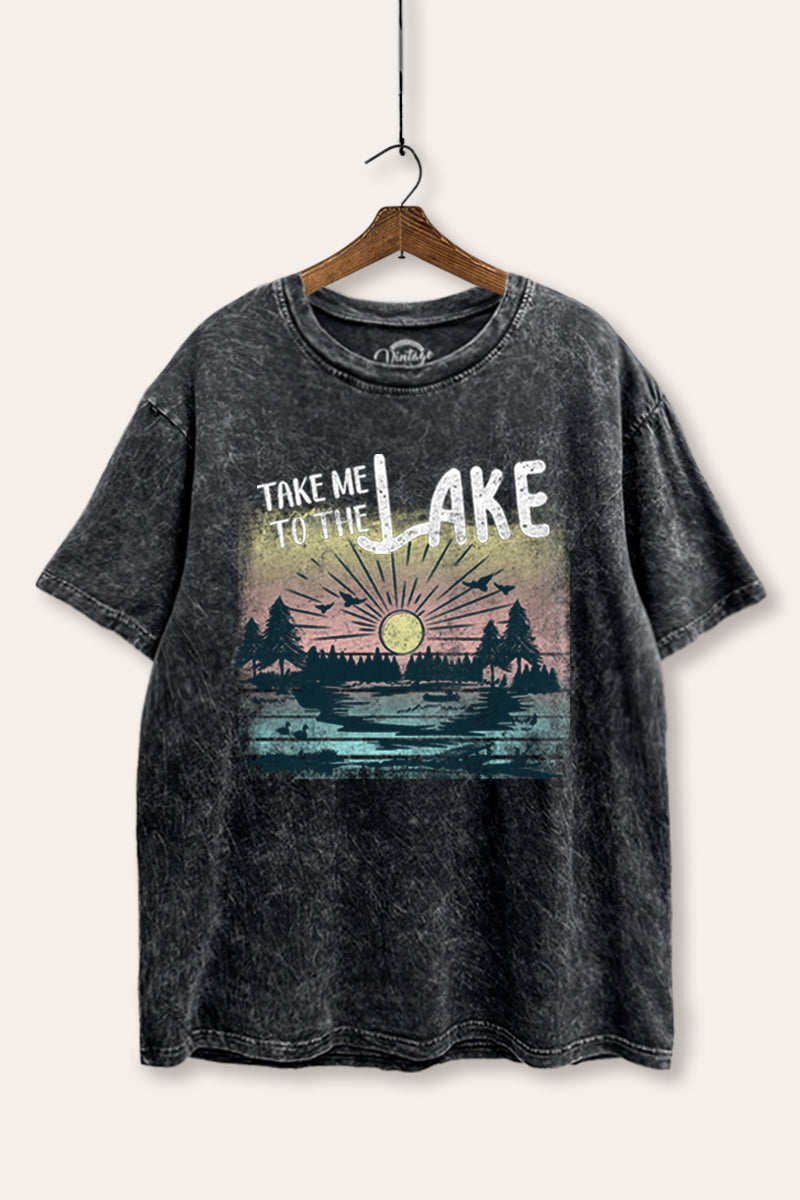 "take me to the lake" tie dye mineral wash boxy graphic tee