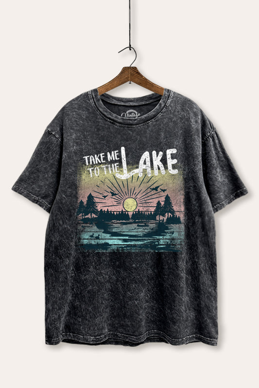 "take me to the lake" tie dye mineral wash boxy graphic tee