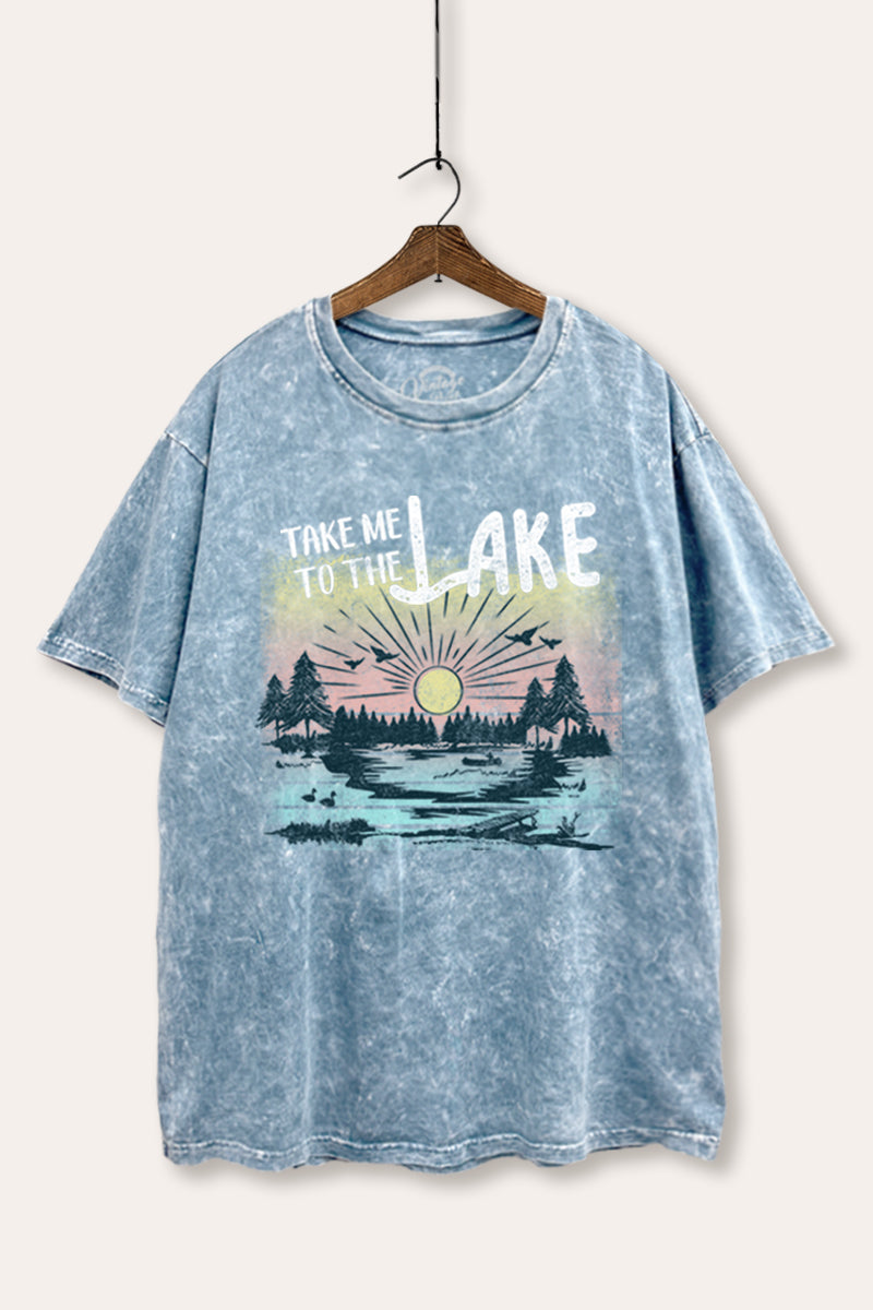 "take me to the lake" tie dye mineral wash boxy graphic tee