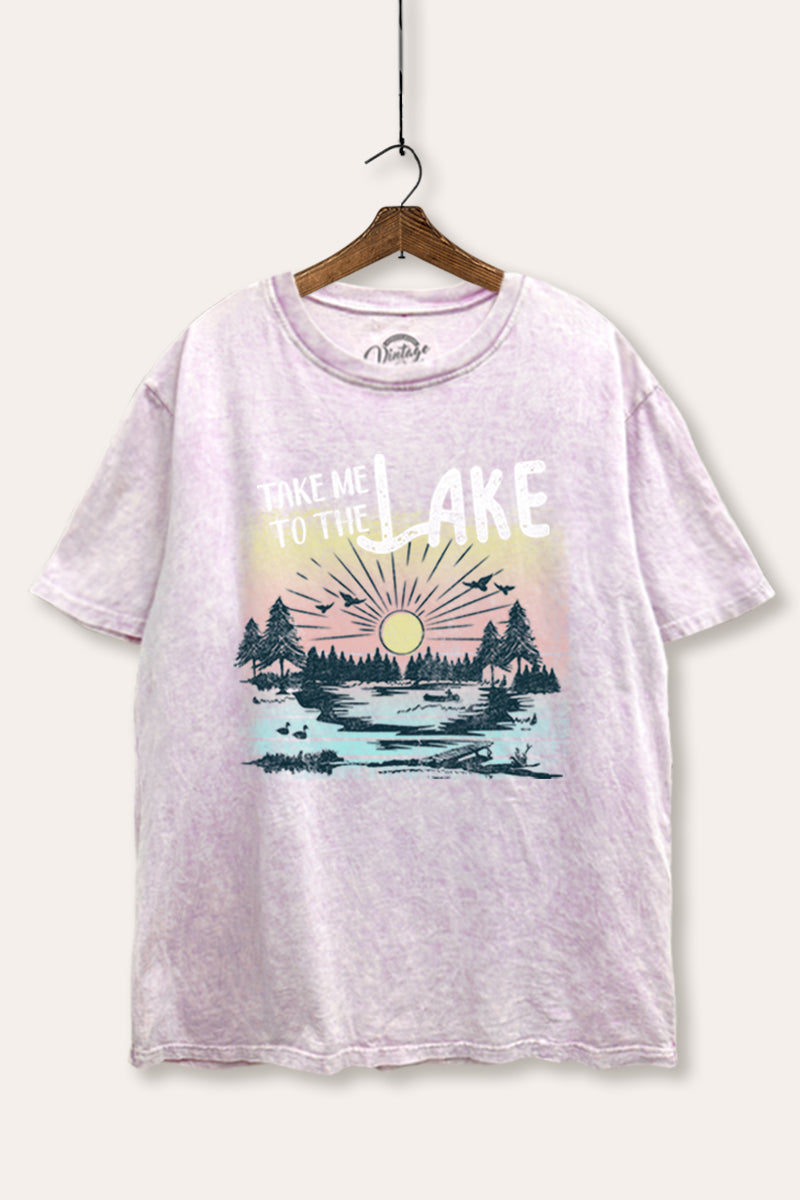 "take me to the lake" tie dye mineral wash boxy graphic tee