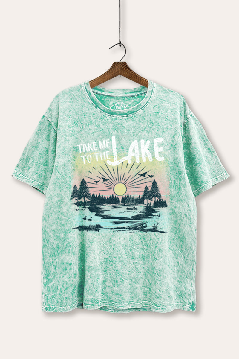 "take me to the lake" tie dye mineral wash boxy graphic tee