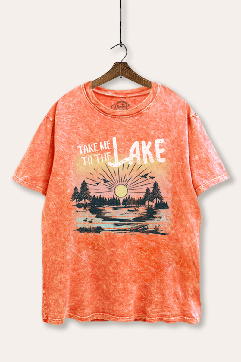 "take me to the lake" tie dye mineral wash boxy graphic tee