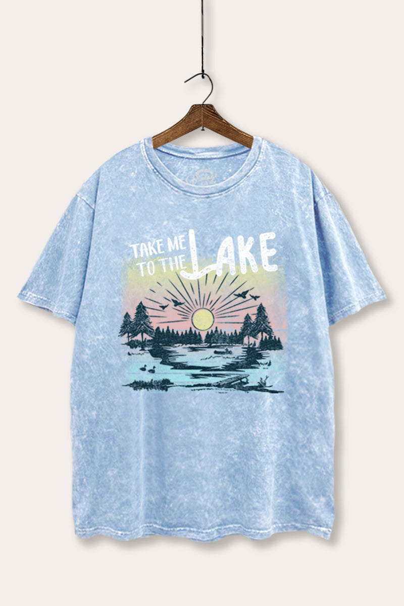 "take me to the lake" tie dye mineral wash boxy graphic tee