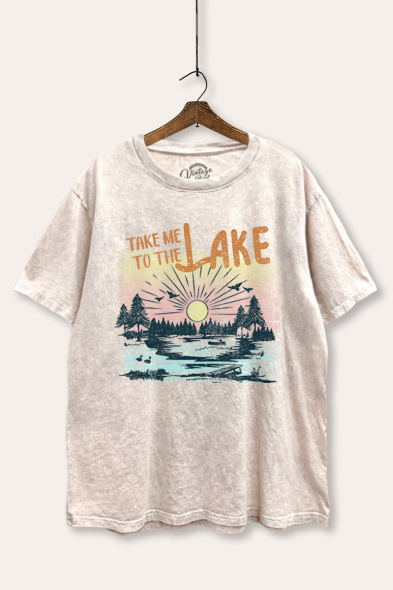 "take me to the lake" tie dye mineral wash boxy graphic tee
