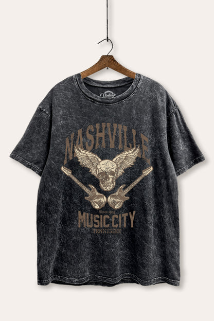 Nashville Music City Skull Graphic Mineral Wash Boxy Tee