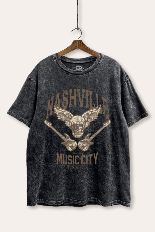 Nashville Music City Skull Graphic Mineral Wash Boxy Tee