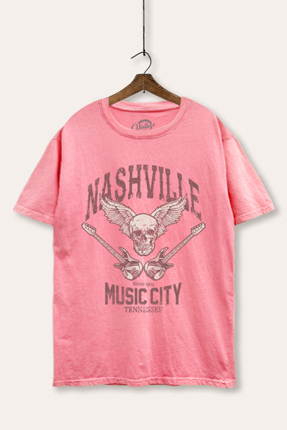 Nashville Music City Skull Graphic Mineral Wash Boxy Tee