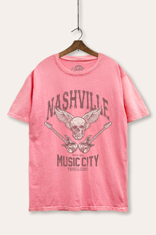 Nashville Music City Skull Graphic Mineral Wash Boxy Tee