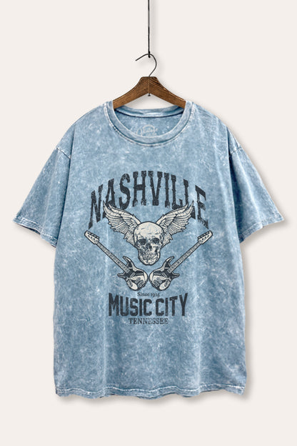 Nashville Music City Skull Graphic Mineral Wash Boxy Tee