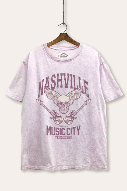 Nashville Music City Skull Graphic Mineral Wash Boxy Tee