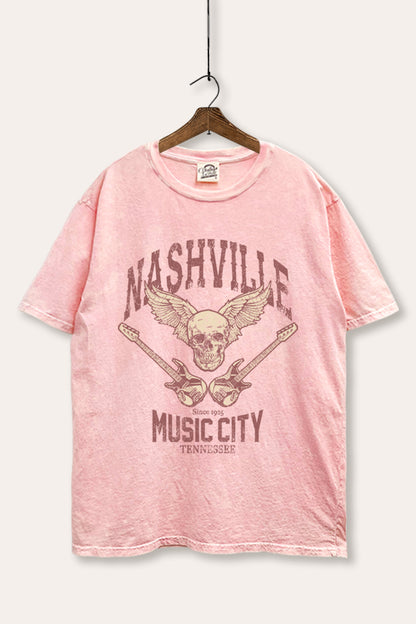 Nashville Music City Skull Graphic Mineral Wash Boxy Tee