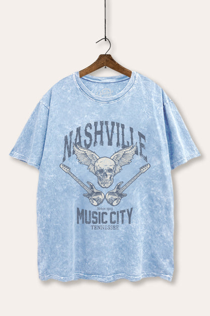 Nashville Music City Skull Graphic Mineral Wash Boxy Tee