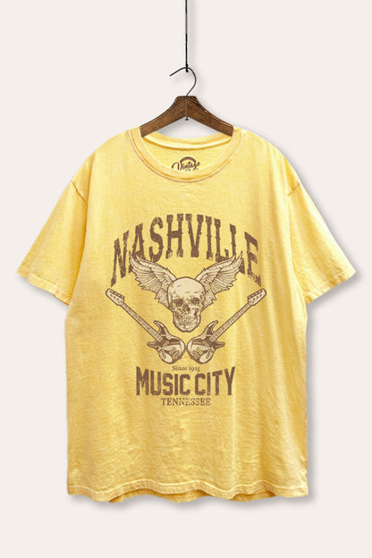 Nashville Music City Skull Graphic Mineral Wash Boxy Tee