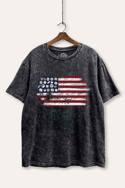 Distressed Floral USA Flag Graphic Mineral Wash Boxy Tee