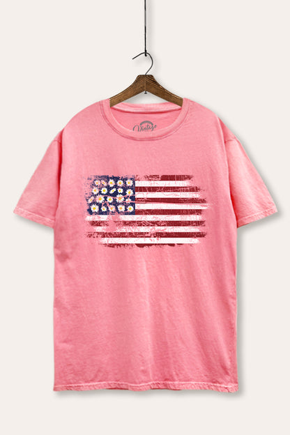 Distressed Floral USA Flag Graphic Mineral Wash Boxy Tee