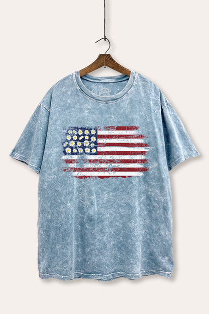 Distressed Floral USA Flag Graphic Mineral Wash Boxy Tee