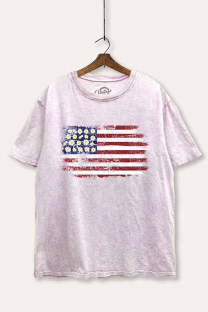 Distressed Floral USA Flag Graphic Mineral Wash Boxy Tee