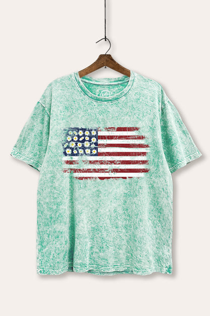 Distressed Floral USA Flag Graphic Mineral Wash Boxy Tee