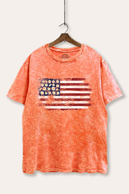 Distressed Floral USA Flag Graphic Mineral Wash Boxy Tee