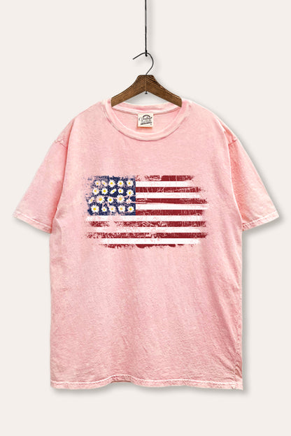 Distressed Floral USA Flag Graphic Mineral Wash Boxy Tee